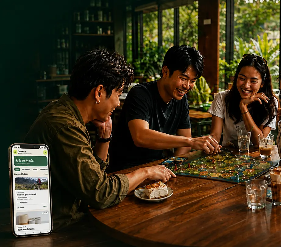 เพื่อนกลุ่มเล็กเล่นบอร์ดเกมในคาเฟ่ พร้อมหน้าค้นหากิจกรรม JoyKan